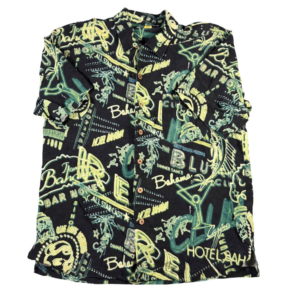 Tommy Bahama Mens Large Silk Camp Shirt Neon Hotel Bahama Graphic Print Black L